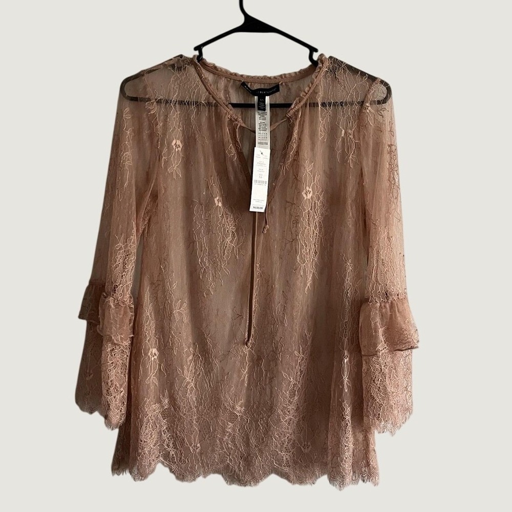 White House Black Market Top Womens XS Pink Lace Ruffle Tunic Blouse Sheer Party